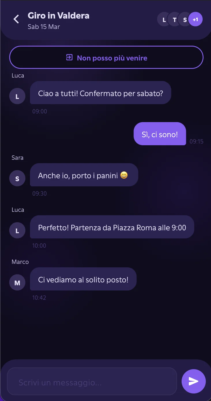 Schermata chat di Reva Ride